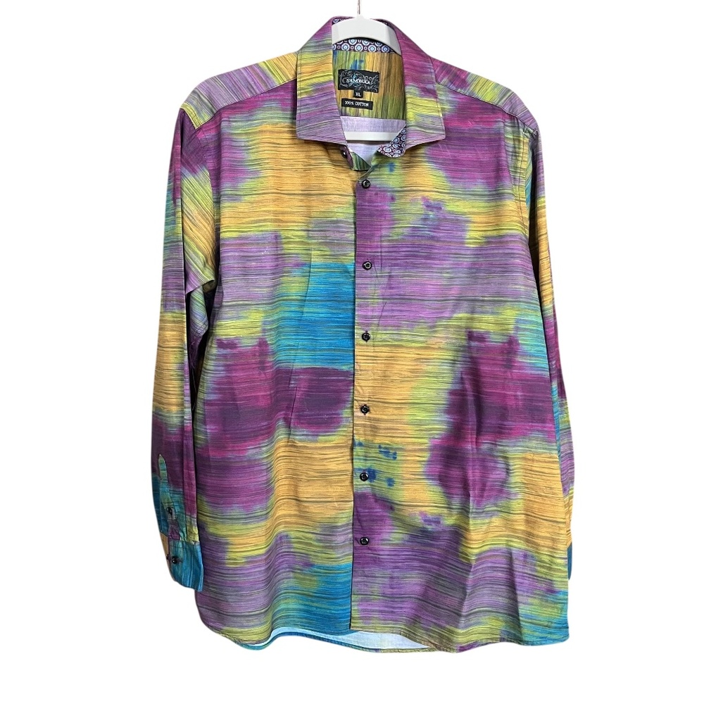 Sambuca Men's Multicolored Watercolor Cotton Long Sleeve Dress Shirt Size XL EUC